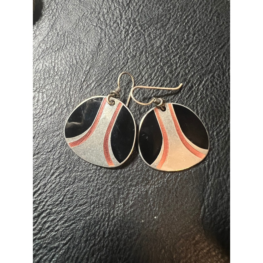 Laurel Burch Vintage Enamel Drop Earrings Black Red Geometric Small Eclectic